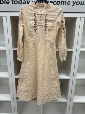 Cream 100% Cotton Fully Lined Embroidered Long-Sleeve Casual Midi Dress